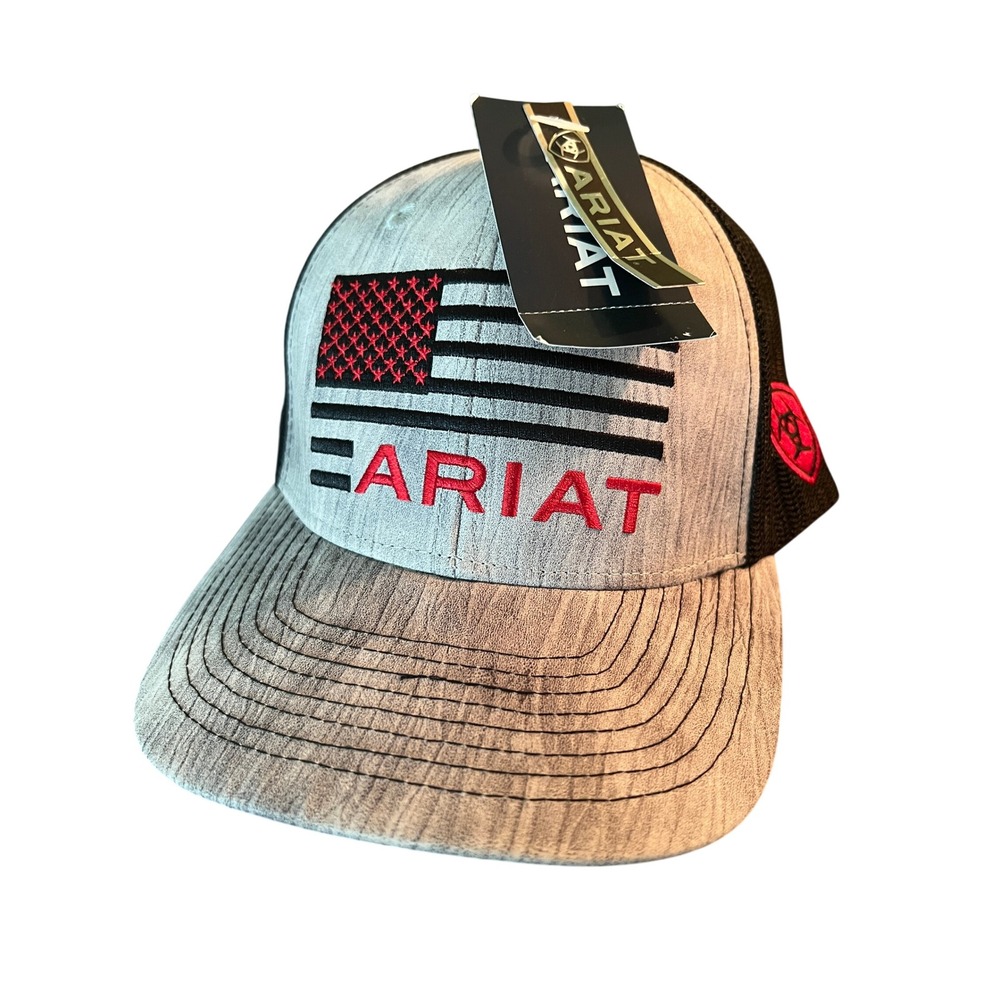 Ariat Mens NWT Trucker Hat Grey Black American Flag Snapback Cap